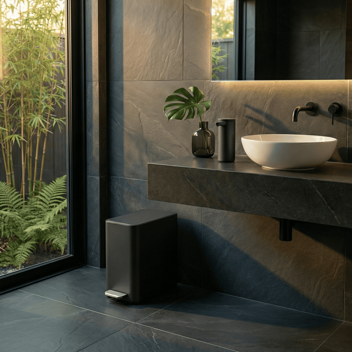 Simplehuman's 9L Matte Black Slim Step Can in a well-lit bathroom setting during sunset or sunrise hour with modern appliances and greenery featuring Simplehuman's Matte Black Sensor Pump.