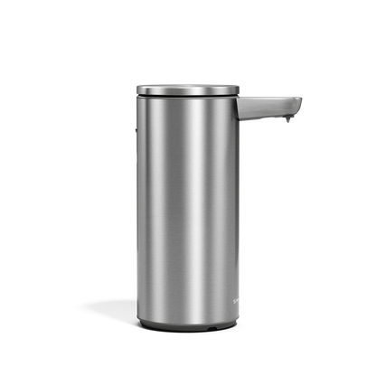Side view of Simplehuman 9 oz. Rechargeable Sensor Pump in Brushed Stainless Steel, hands-free operation.