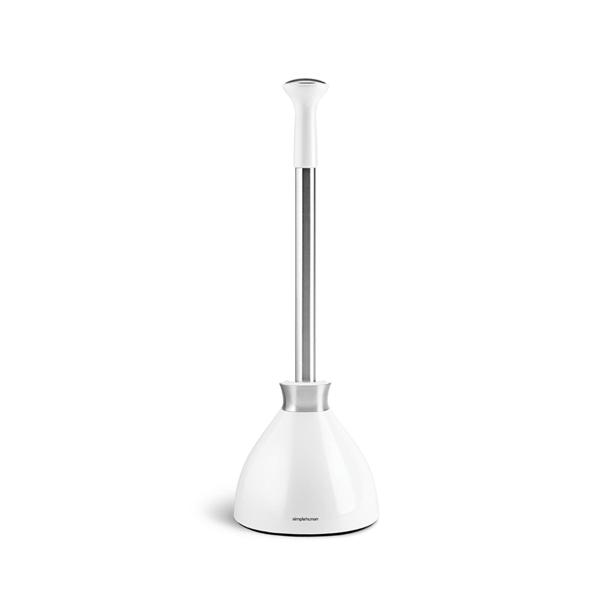 Simplehuman Toilet Plunger, White/Polished Stainless Steel, features magnetic drip-free storage