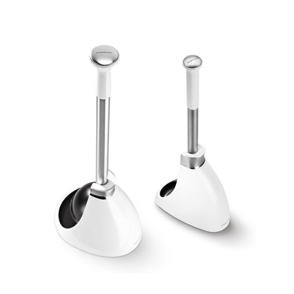 Angled view of Simplehuman Toilet Brush and Plunger set in White/Brushed Stainless Steel with dome covers, hygienic storage.
