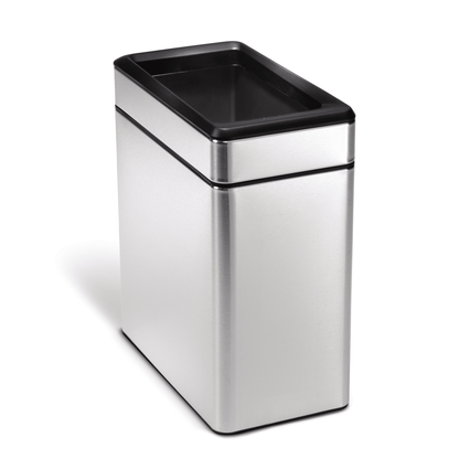 Simplehuman 10L Slim Open Can in Brushed Stainless Steel, narrow profile for small spaces.