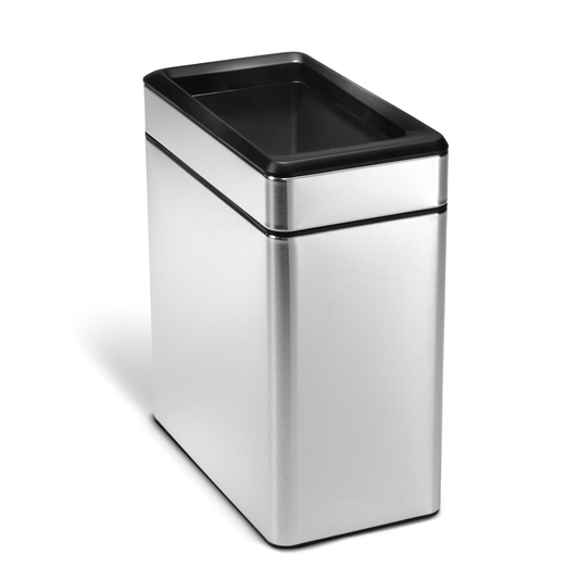 Simplehuman 10L Slim Open Can in Brushed Stainless Steel, narrow profile for small spaces.