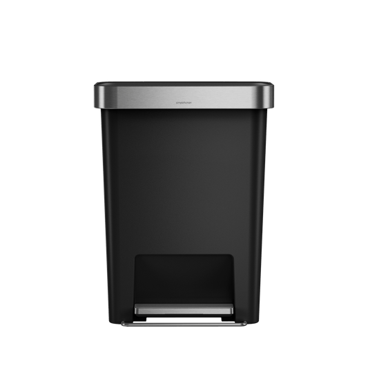 Simplehuman 45L Hybrid Rectangular Step Can, Matte Black/Brushed Stainless Steel, hands-free operation.