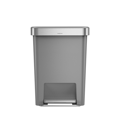 Close-up of Simplehuman 45L Hybrid Step Can, Matte body and Brushed Steel foot pedal for hands-free operation.