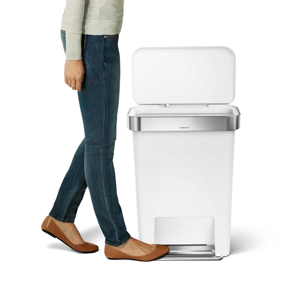 45L plastic rectangular step can with liner pocket - white - lifestyle image