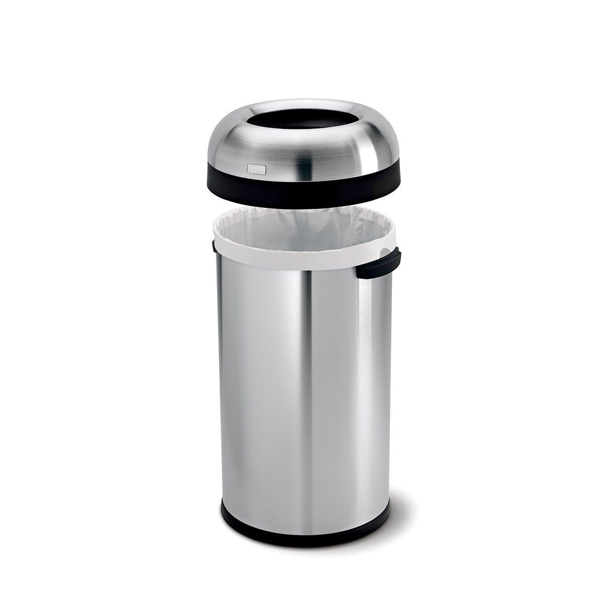 Detail view of Simplehuman 60L Bullet Open Can, Stainless Steel, showing the removable dome lid and liner fit.