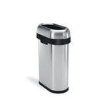 Angled view of Simplehuman 50L Slim Open Can, Brushed Stainless Steel, high-capacity and space-saving.