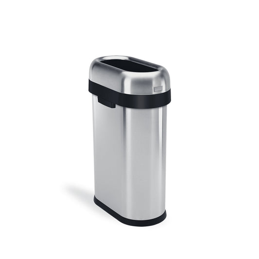 Angled view of Simplehuman 50L Slim Open Can, Brushed Stainless Steel, high-capacity and space-saving.