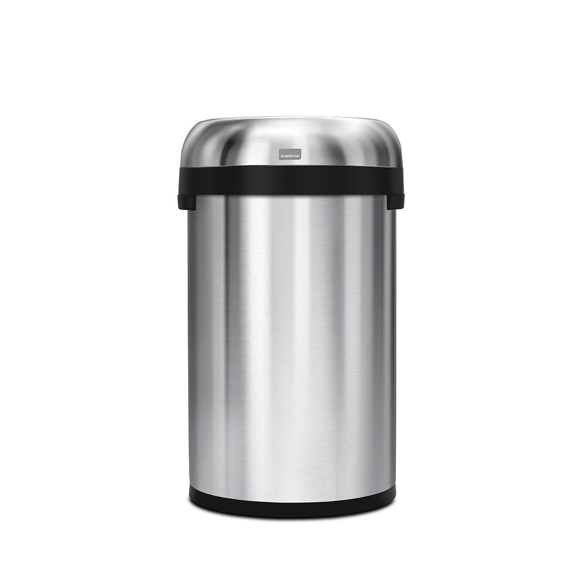 Front view of Simplehuman 60L Semi-Round Open Can, Brushed Stainless Steel, open top, space-saving design