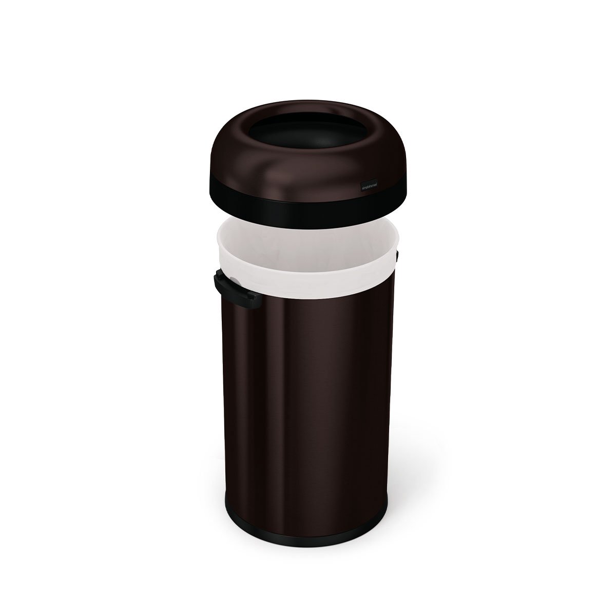 Detail view of Simplehuman 60L Bullet Open Can in Brushed Dark Bronze, showing the removable dome lid and liner.