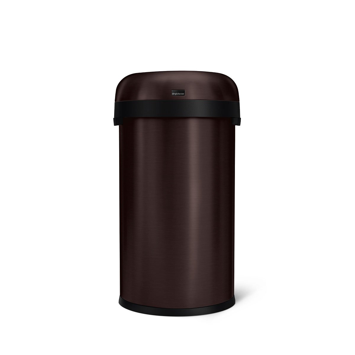 Simplehuman 60L Bullet Open Can in Brushed Dark Bronze, front view, high-capacity, open top for easy disposal.
