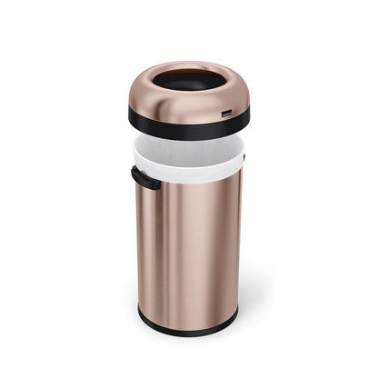 Detail view of Simplehuman 60L Bullet Open Can, Rose Gold, showing liner fit and removable dome top.
