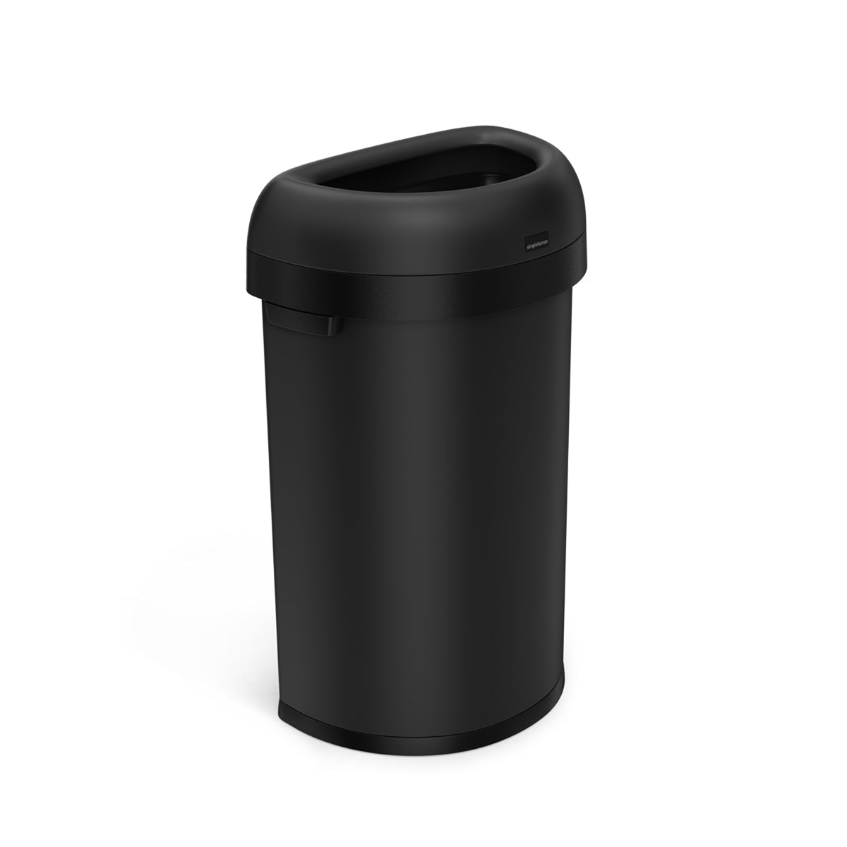 Angled view of Simplehuman 60L Semi-Round Open Can in Matte Black, space-saving, hands-free access.