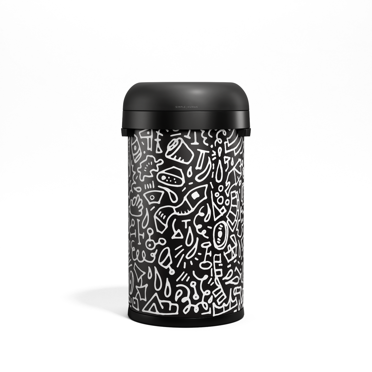 Simplehuman 60L Bullet Open Can, Black with custom Doodle graphic, open top design.