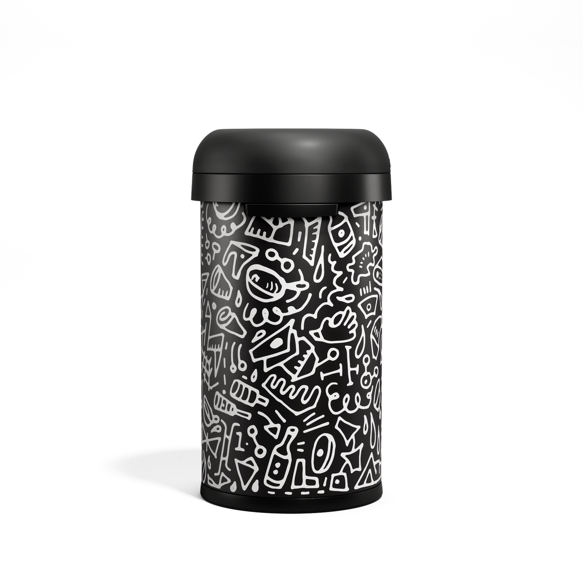 Simplehuman 60L Bullet Open Can, Black Doodle graphic by k.merz, high capacity with removable matte black dome lid.