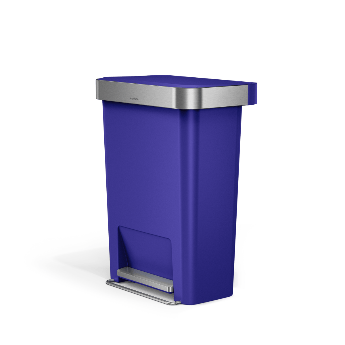 Angled view of Simplehuman 45L Hybrid Step Can, Ultra Violet body and Brushed Stainless Steel trim, hands-free.