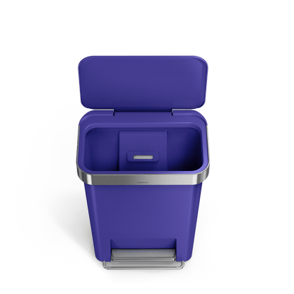 Open view of Simplehuman 45L Hybrid Step Can, Ultra Violet, showing internal liner dispenser and Brushed Stainless Steel rim.