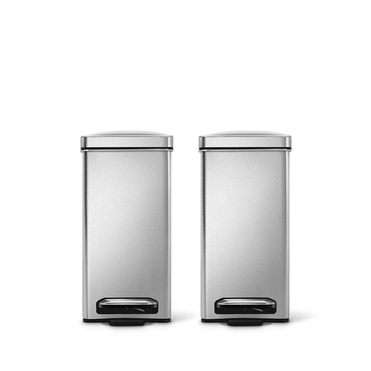 Duo view of Simplehuman Brushed Stainless Steel Profile Step Cans, hands-free, space-saving.
