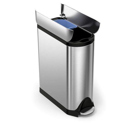 Simplehuman 40L Dual Compartment Butterfly Step Can, Brushed Stainless Steel, hands-free trash and recycling sorting.