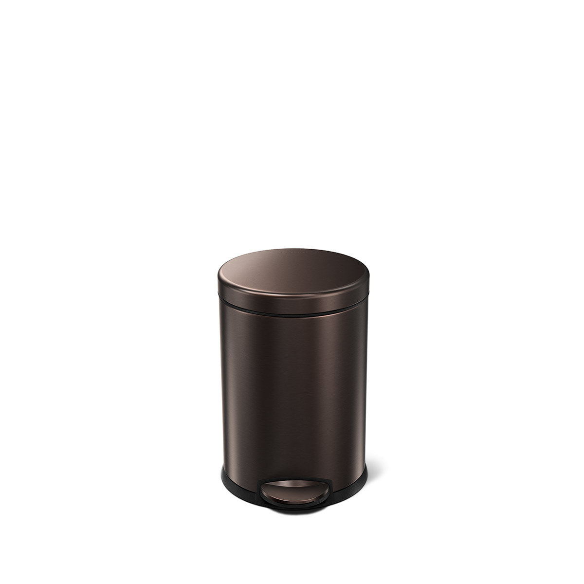 Angled view of Simplehuman 4.5L Round Step Can in Dark Bronze finish, compact size with hands-free pedal.