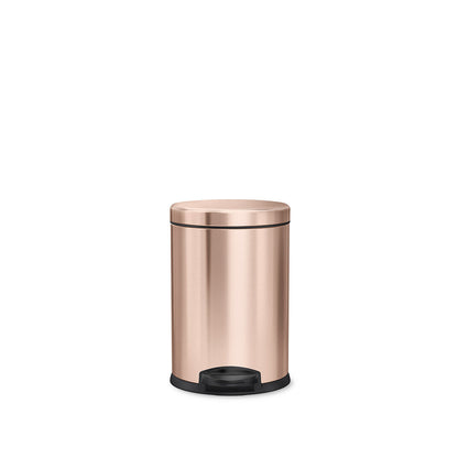 Front view of Simplehuman 4.5L Round Step Can in Rose Gold, hands-free operation.