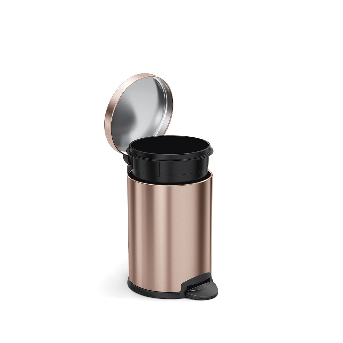 Simplehuman 4.5L Round Step Can in Rose Gold, open view showing removable liner bucket and hands-free pedal.