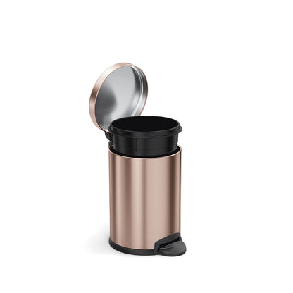 Simplehuman 4.5L Round Step Can in Rose Gold, open view showing removable liner bucket and hands-free pedal.