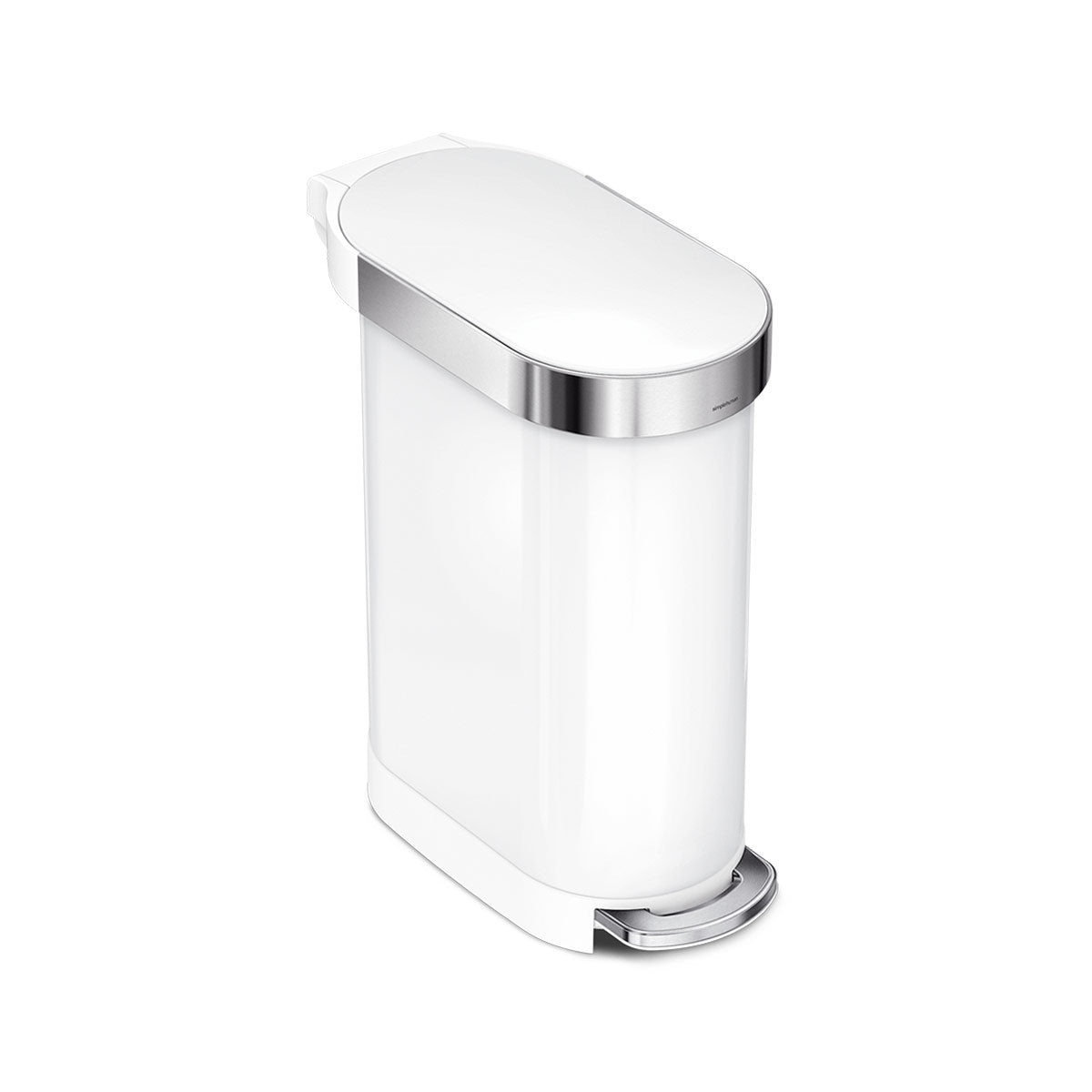Simplehuman 45L Slim Step Can in White with polished liner rim and hands-free foot pedal.