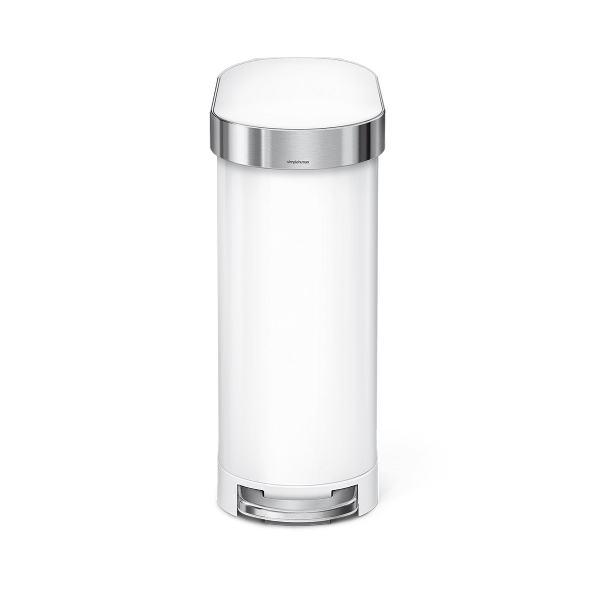 Front view of Simplehuman 45L Slim Step Can in White with polished liner rim, hands-free operation.