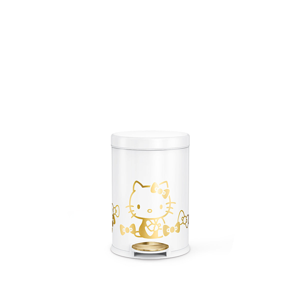 Front view of Simplehuman 4.5L Round Step Can in White with Gold Hello Kitty graphic, compact and hands-free.