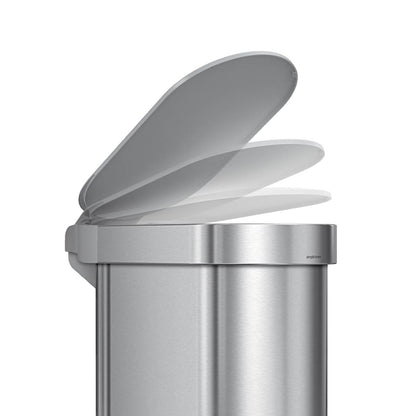 Detail view of Simplehuman 45L Slim Step Can, Brushed Steel, illustrating controlled lid motion.