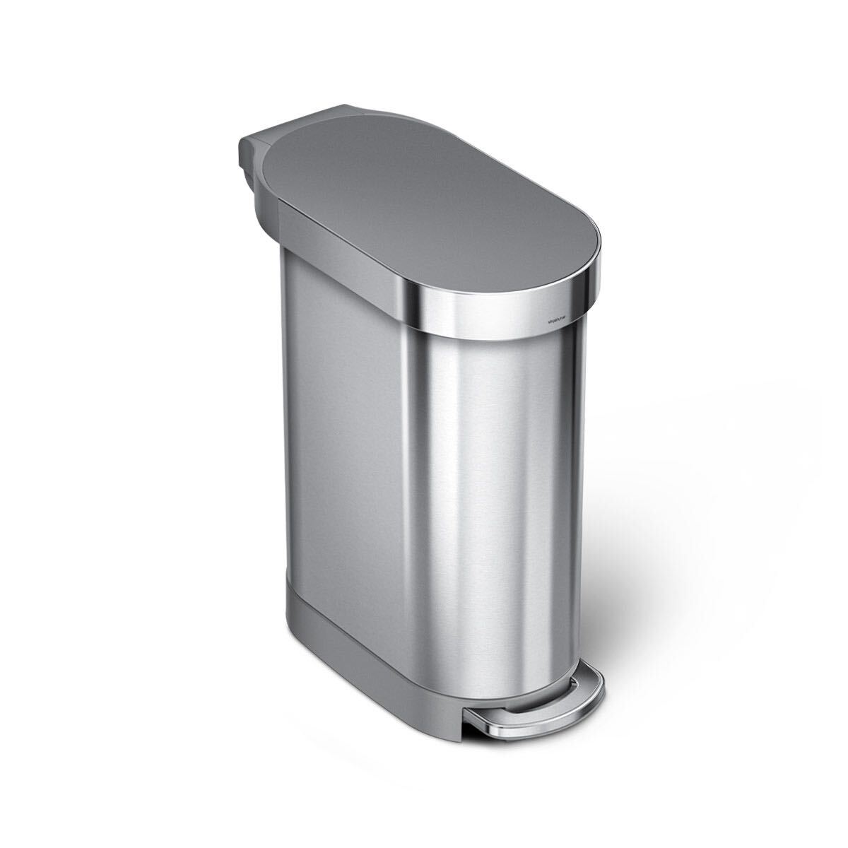 Angled view: Simplehuman 45L Slim Step Can in Brushed Stainless Steel, hands-free step pedal.