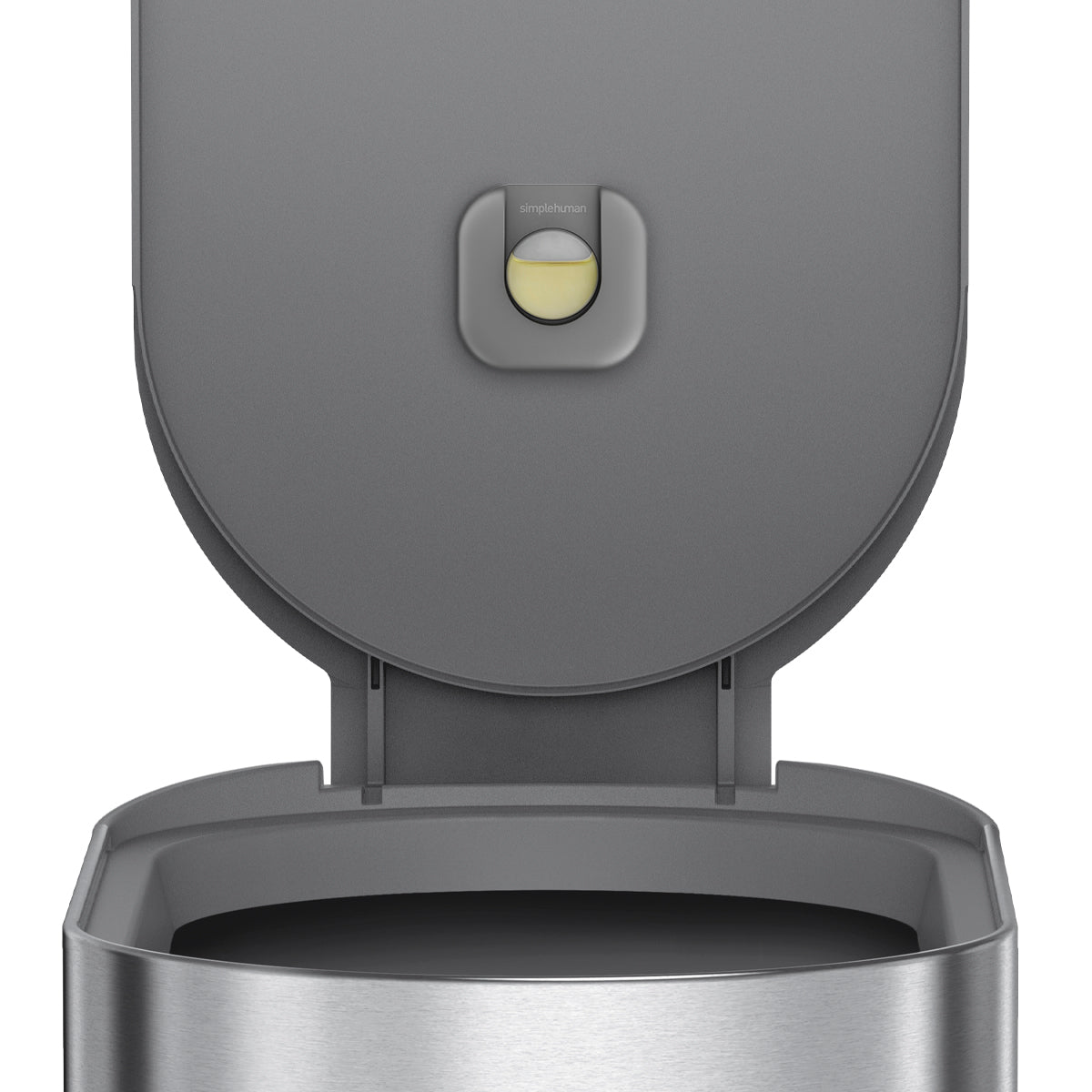 Close-up: Simplehuman 45L Slim Step Can, Brushed Stainless Steel, showing open lid, liner rim, and Odorsorb Pod.