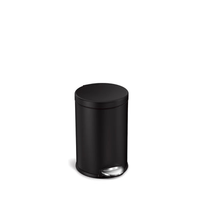 Angled view of Simplehuman 4.5L Round Step Can in Matte Black, hands-free pedal operation.