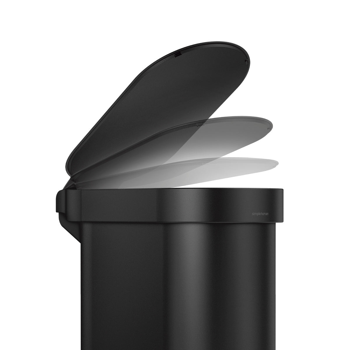 Detail view of Simplehuman 45L Slim Step Can, Matte Black, demonstrating smooth, silent lid operation.