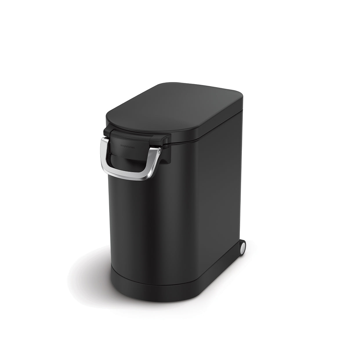 Angled view of Simplehuman Medium Pet Food Can, Matte Black, airtight locking handle and easy-move wheels.