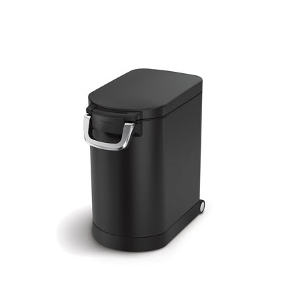 Angled view of Simplehuman Medium Pet Food Can, Matte Black, airtight locking handle and easy-move wheels.