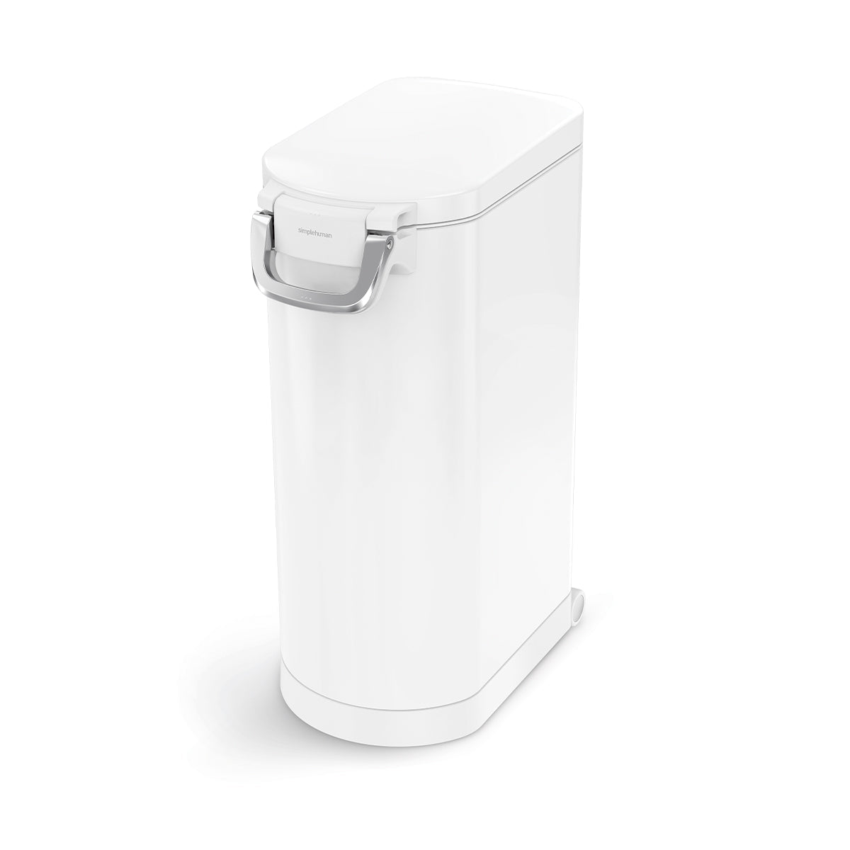 Angled view, Simplehuman X-Large Pet Food Can, White, airtight storage with locking handle and mobility wheels.