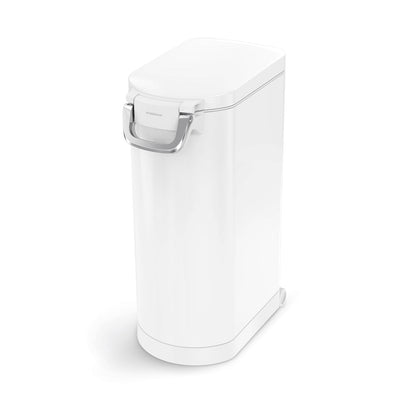 Angled view, Simplehuman X-Large Pet Food Can, White, airtight storage with locking handle and mobility wheels.