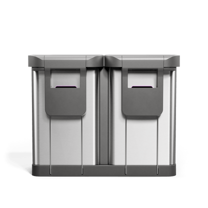 Simplehuman's 90L Step Recycler in Brushed showcasing the back view of the can. The can features a liner pocket that can be used for easy access of grabbing replacement liners so that you never run out. This section is slightly outlined with a light purple accent.