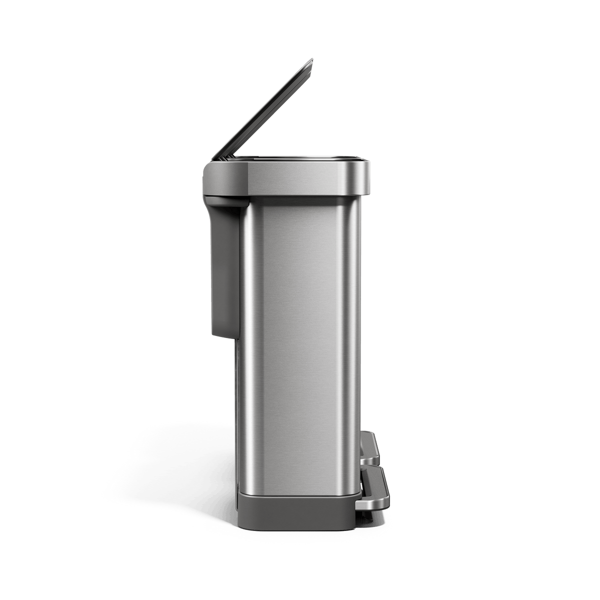Simplehuman's 90L Step Recycler from a side view with the lid open to showcase how the can opens.