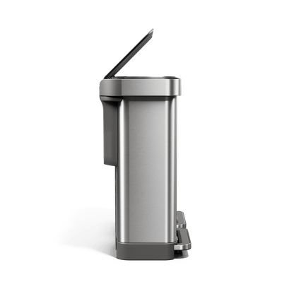 Simplehuman's 90L Step Recycler from a side view with the lid open to showcase how the can opens.
