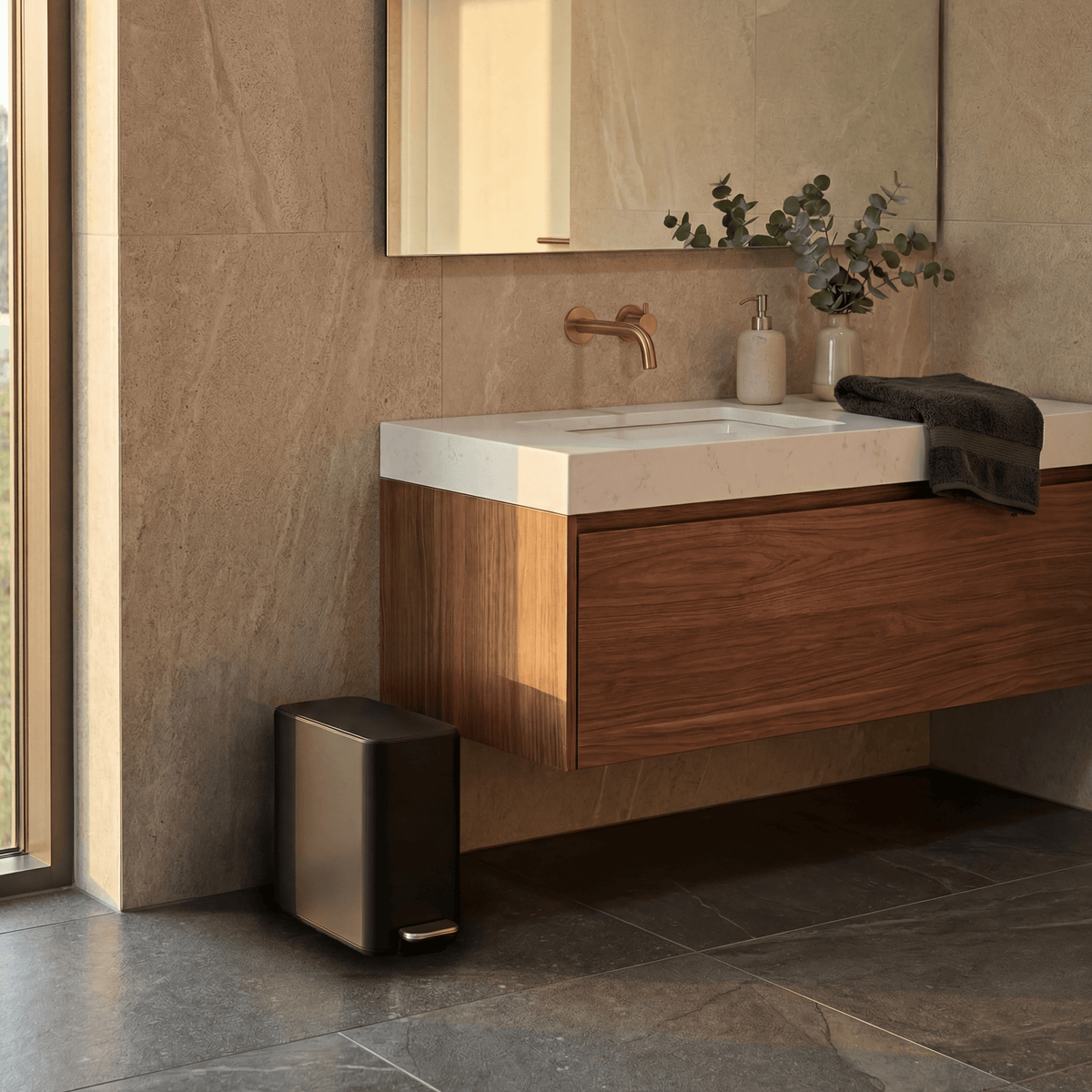 Simplehuman's 5L Slim Step Can in Matte Black in a modern bathroom with marble walls and wooden storage space under the sink. The sink features a soap pump and a small plant on the countertop.