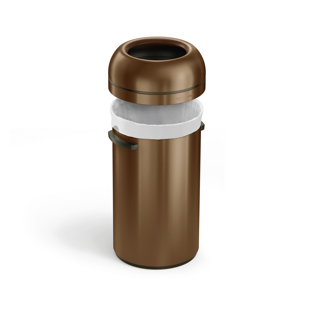 Simplehuman's 60L Bullet Open Can in Bronze with the lid lifted showcasing the liner.