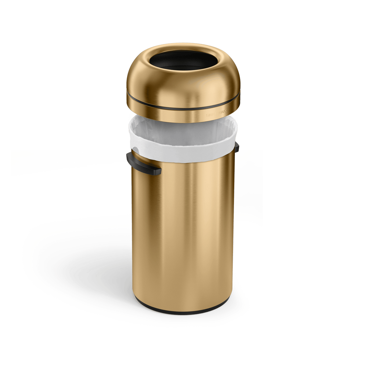Simplehuman's 60L Bullet Open Can in Gold with the lid lifted showcasing the liner.