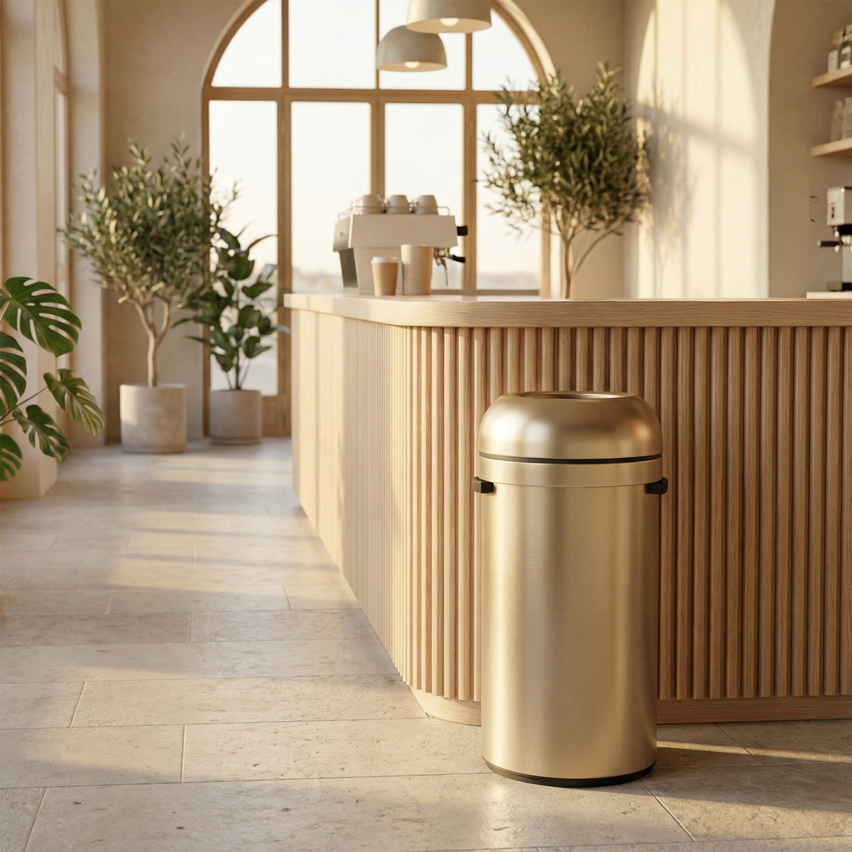 Simplehuman's 60L All-Steel Bullet Open Can in Champagne in a cafe setting.