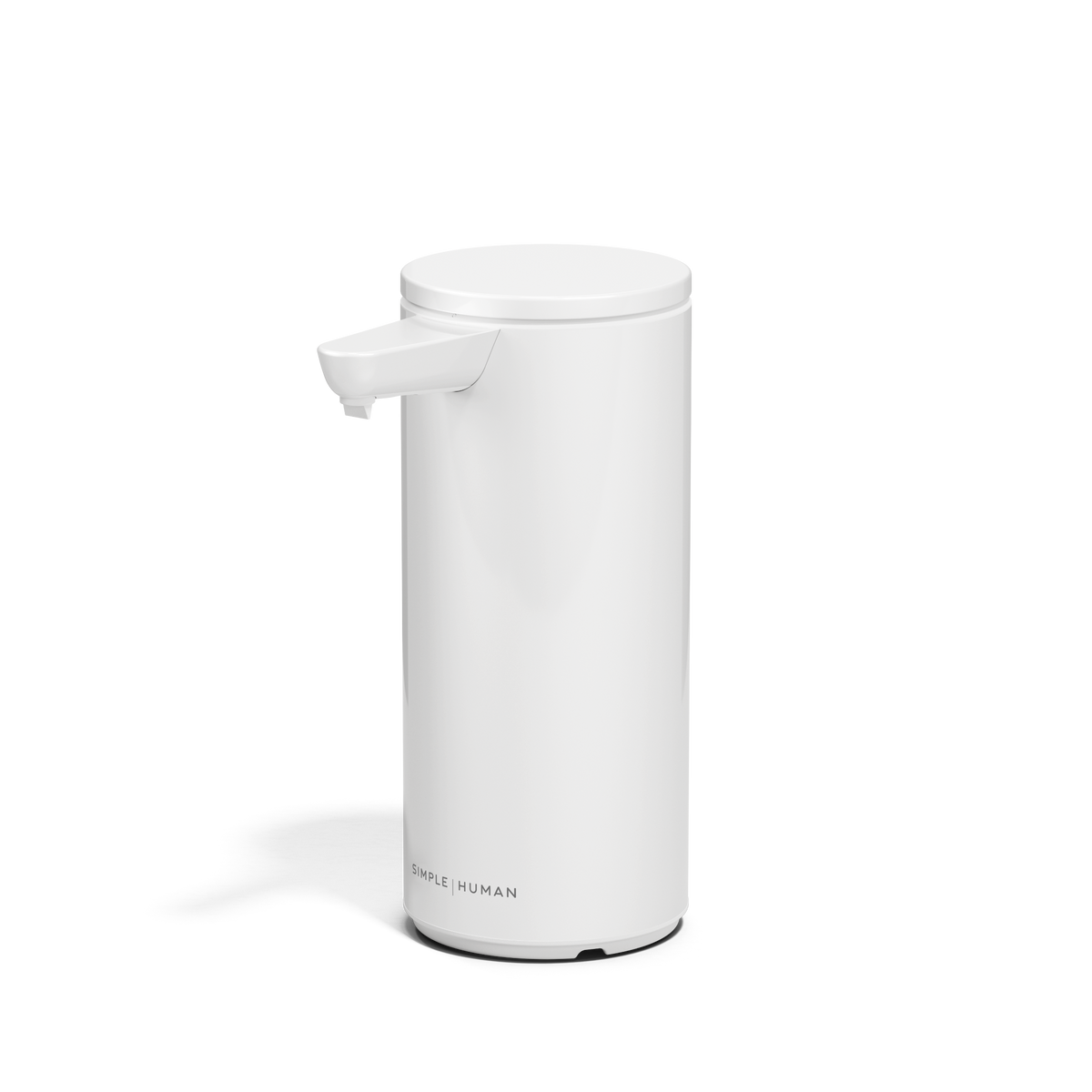 Angled view of Simplehuman 9 oz. Rechargeable Sensor Pump in White, touch-free operation.