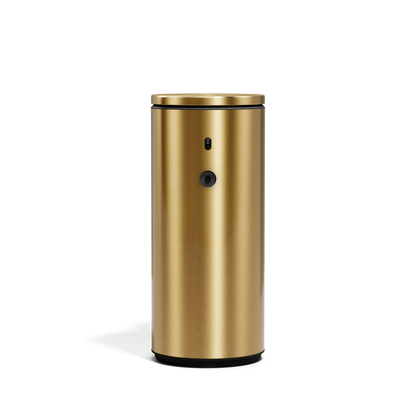 Front view of Simplehuman 9 oz. Rechargeable Sensor Pump in Brass, adjustable dosage.