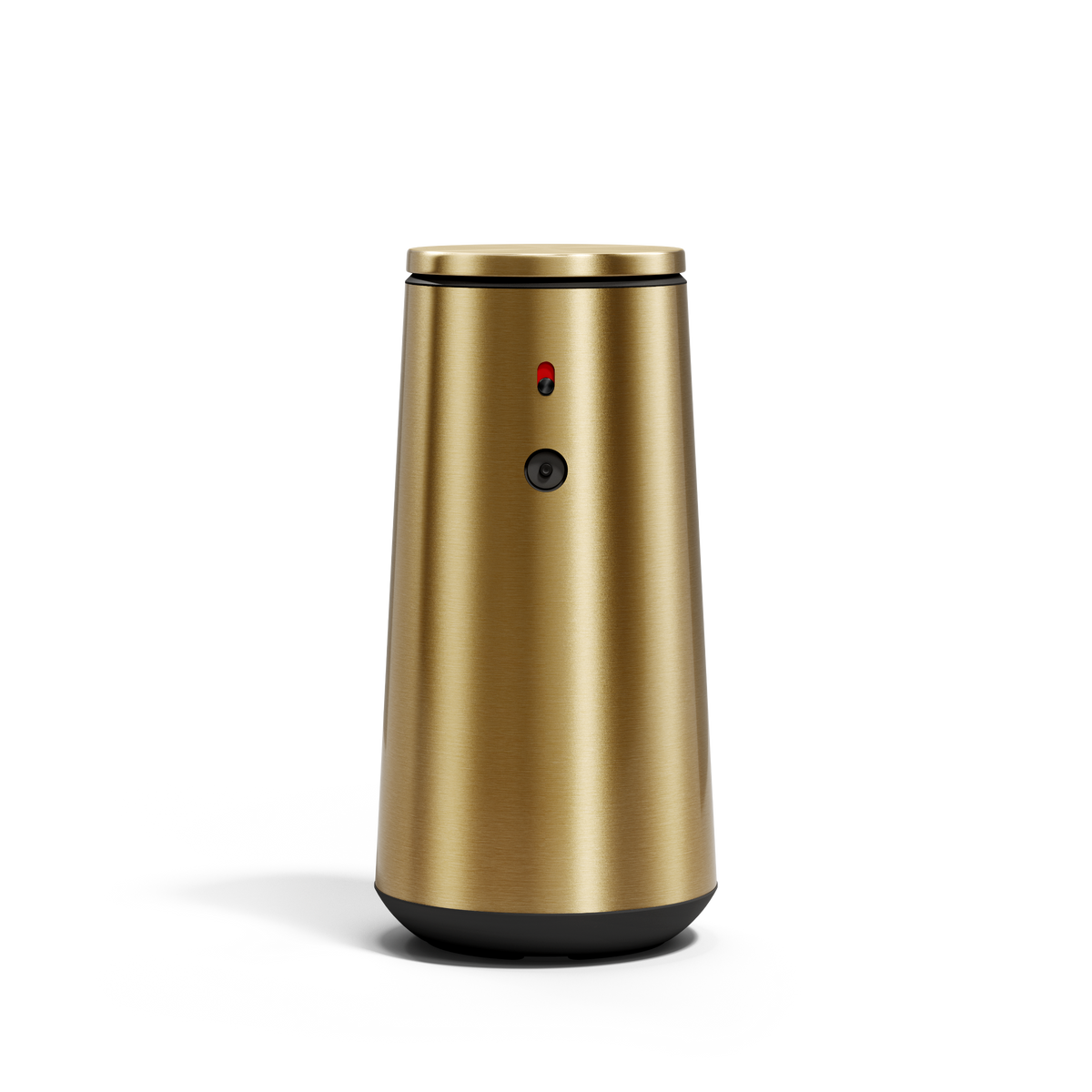 Simplehuman Brushed Brass Sensor Pump Foam, isolated straight front view showing sensor and indicator light, touch-free.