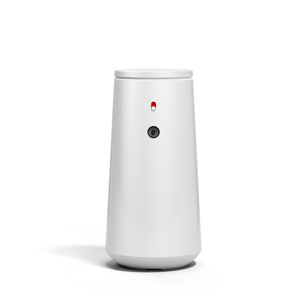Straight-on view of Simplehuman White Sensor Pump Foam with visible sensor and dose control switch, touch-free dispensing.